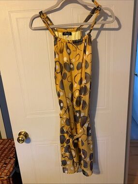 Yellow Printed Midi Dress with Tie Detail